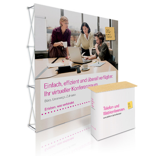 Faltdisplay und Theke mit Stoffgrafik