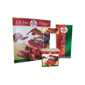 Messestand bestehend aus einer Aluminium Falttheke (PR.04 gerade) sowie 1 Stück Bannerdisplay (BA.03) und 1 Stück Roll Up (RO.04)