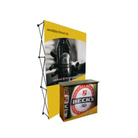 Messestand bestehend aus einem Stoff Faltdisplay (FA.02) und einer Stoff Falttheke (PR.11)