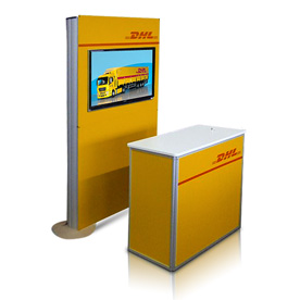 Messestand Elegance Bannerdisplay LCD, Alu eloxiert silber, inkl. Stecksystem auf Höhe 100cm, Säulenabdeckung schwarz, 2 Füße - je elegance Säule ein Fuß, Verbindungszargen 2 Stück, Panele Forex Silber auf Vorder- und Rückseite mit Magnetbefestigung