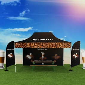 Bedruckbarer Faltzelt - Outdoor Set mit Bierbank, zwei Beachflags und zwei Dipondaufsteller
