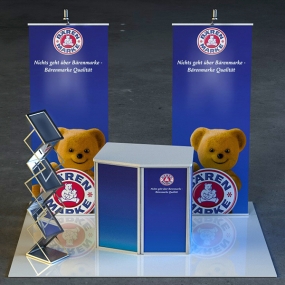 Bannerdisplaystand Beispiel mit Halogenstrahler für Bannerdisplay